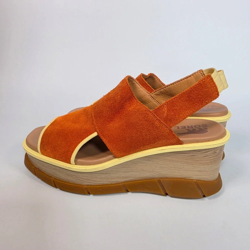 SOREL Joanie III Slingback Wedge Sandals Women's 8.5 Orange Suede Chunky Retro